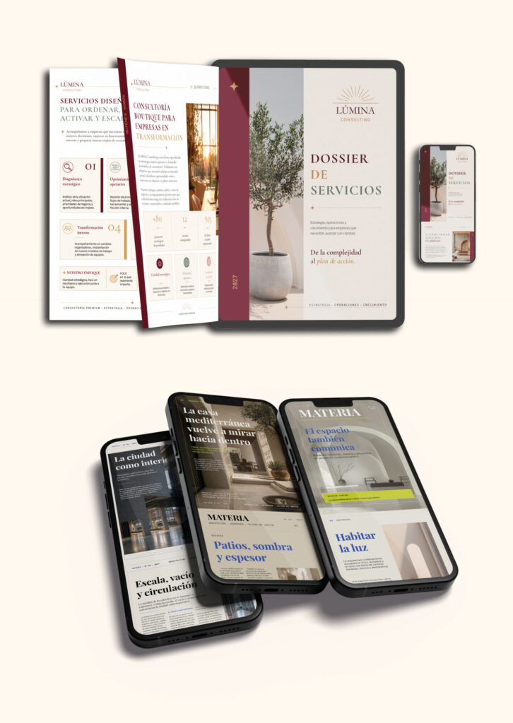 Ejemplos de diseño editorial y maquetación profesional para dossiers y revistas digitales